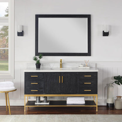 Altair Wildy 60" Black Oak Freestanding Single Bathroom Vanity Set With Mirror, Stylish Composite Grain White Stone Top, Rectangular Undermount Ceramic Sink, Overflow, and Backsplash