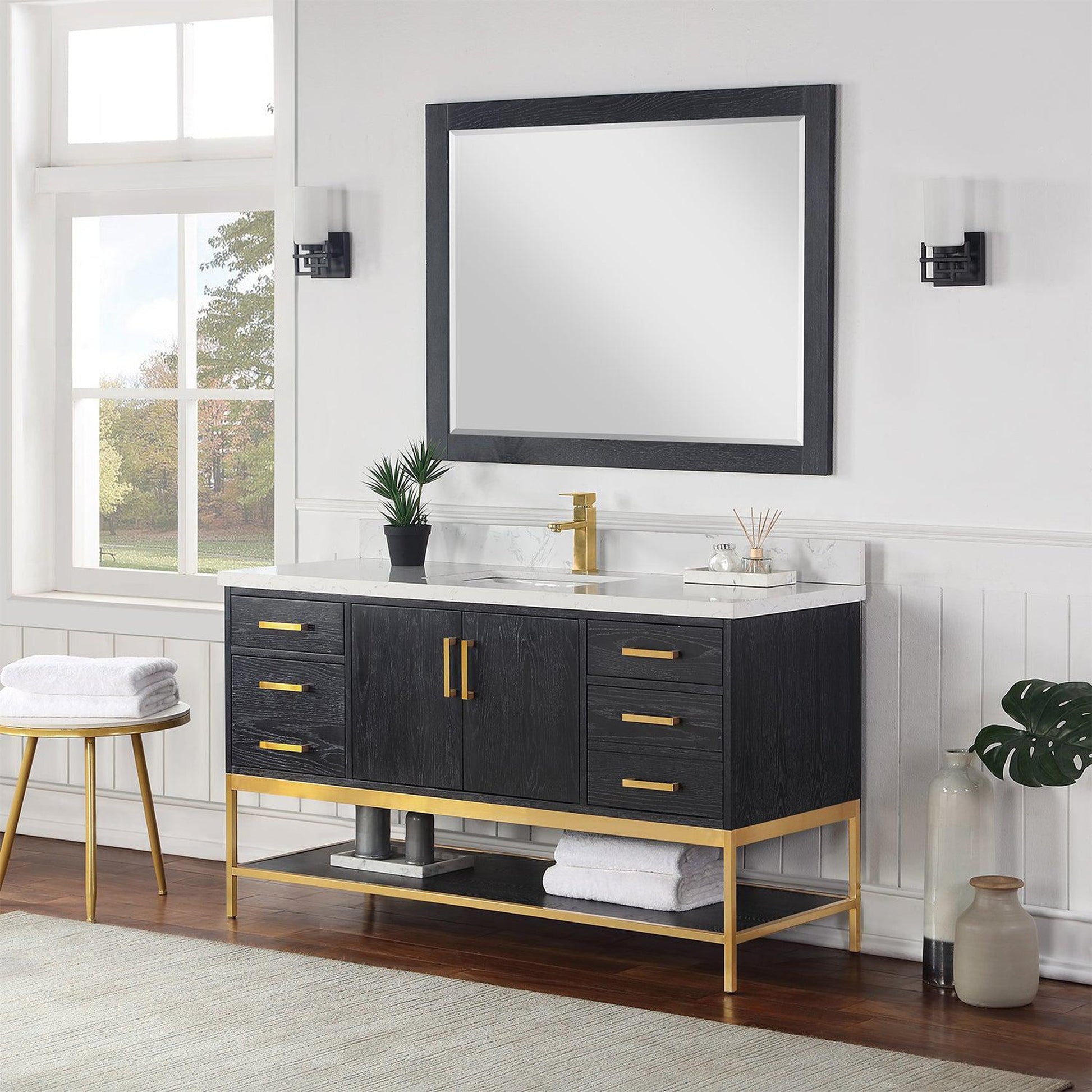 Altair Wildy 60" Black Oak Freestanding Single Bathroom Vanity Set With Mirror, Stylish Composite Grain White Stone Top, Rectangular Undermount Ceramic Sink, Overflow, and Backsplash