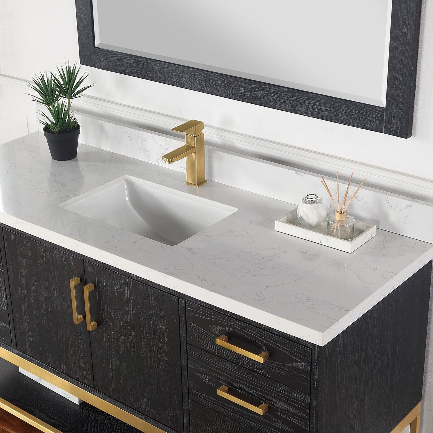 Altair Wildy 60" Black Oak Freestanding Single Bathroom Vanity Set With Mirror, Stylish Composite Grain White Stone Top, Rectangular Undermount Ceramic Sink, Overflow, and Backsplash