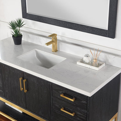 Altair Wildy 60" Black Oak Freestanding Single Bathroom Vanity Set With Mirror, Stylish Composite Grain White Stone Top, Rectangular Undermount Ceramic Sink, Overflow, and Backsplash