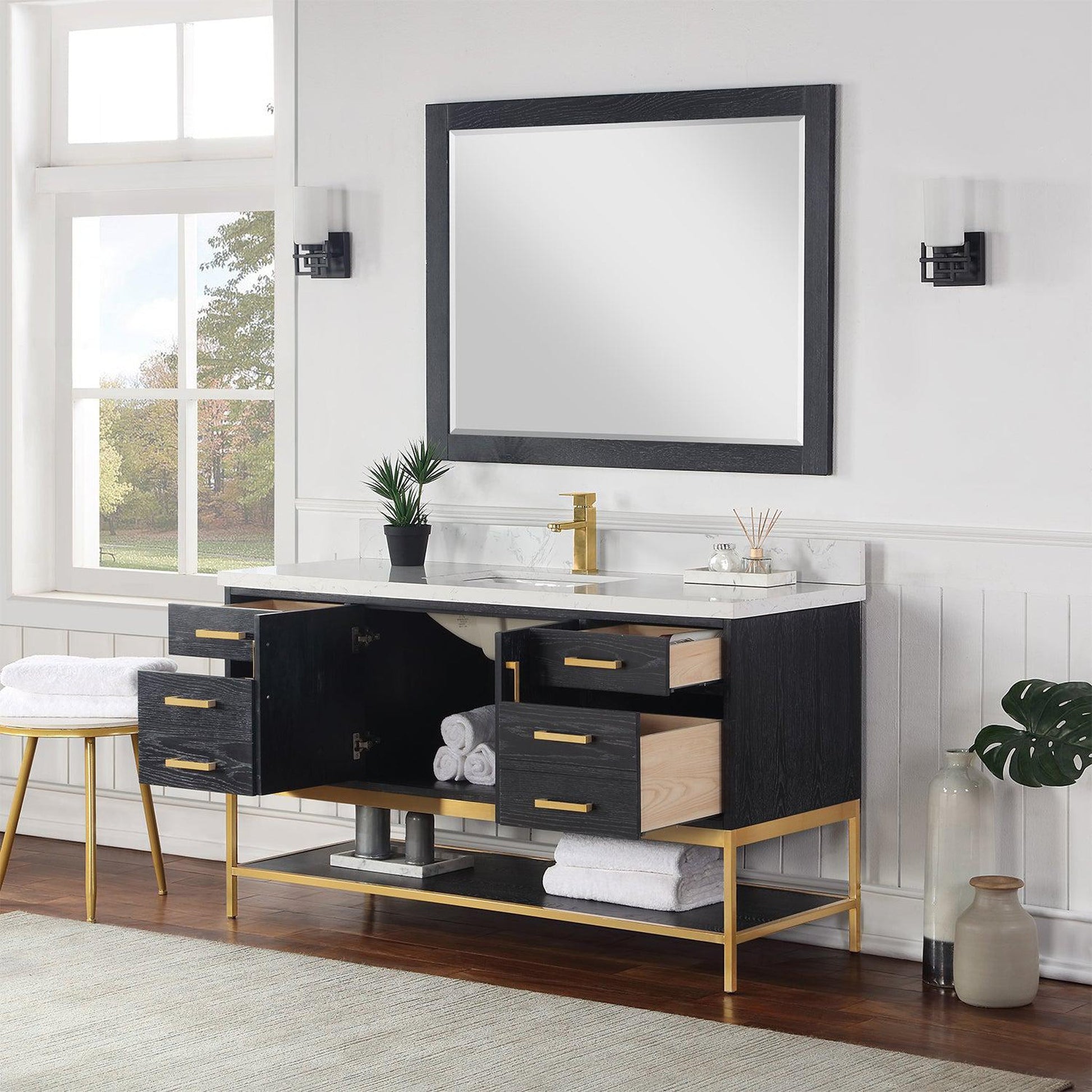 Altair Wildy 60" Black Oak Freestanding Single Bathroom Vanity Set With Mirror, Stylish Composite Grain White Stone Top, Rectangular Undermount Ceramic Sink, Overflow, and Backsplash