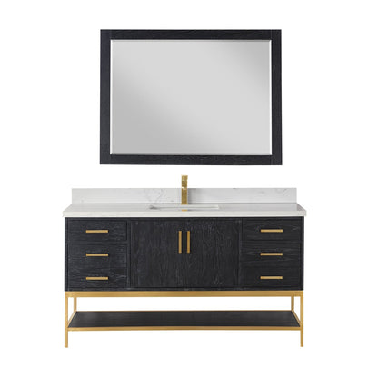 Altair Wildy 60" Black Oak Freestanding Single Bathroom Vanity Set With Mirror, Stylish Composite Grain White Stone Top, Rectangular Undermount Ceramic Sink, Overflow, and Backsplash