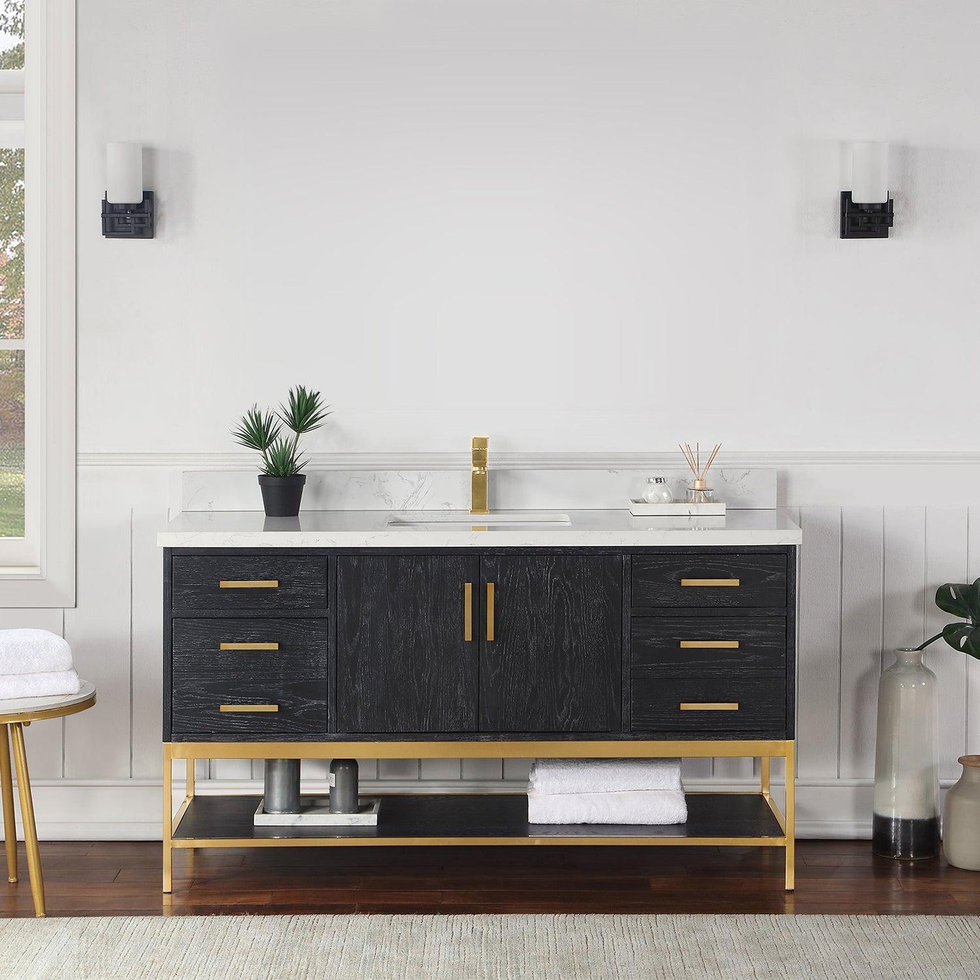 Altair Wildy 60" Black Oak Freestanding Single Bathroom Vanity Set With Stylish Composite Grain White Stone Top, Rectangular Undermount Ceramic Sink, Overflow, and Backsplash