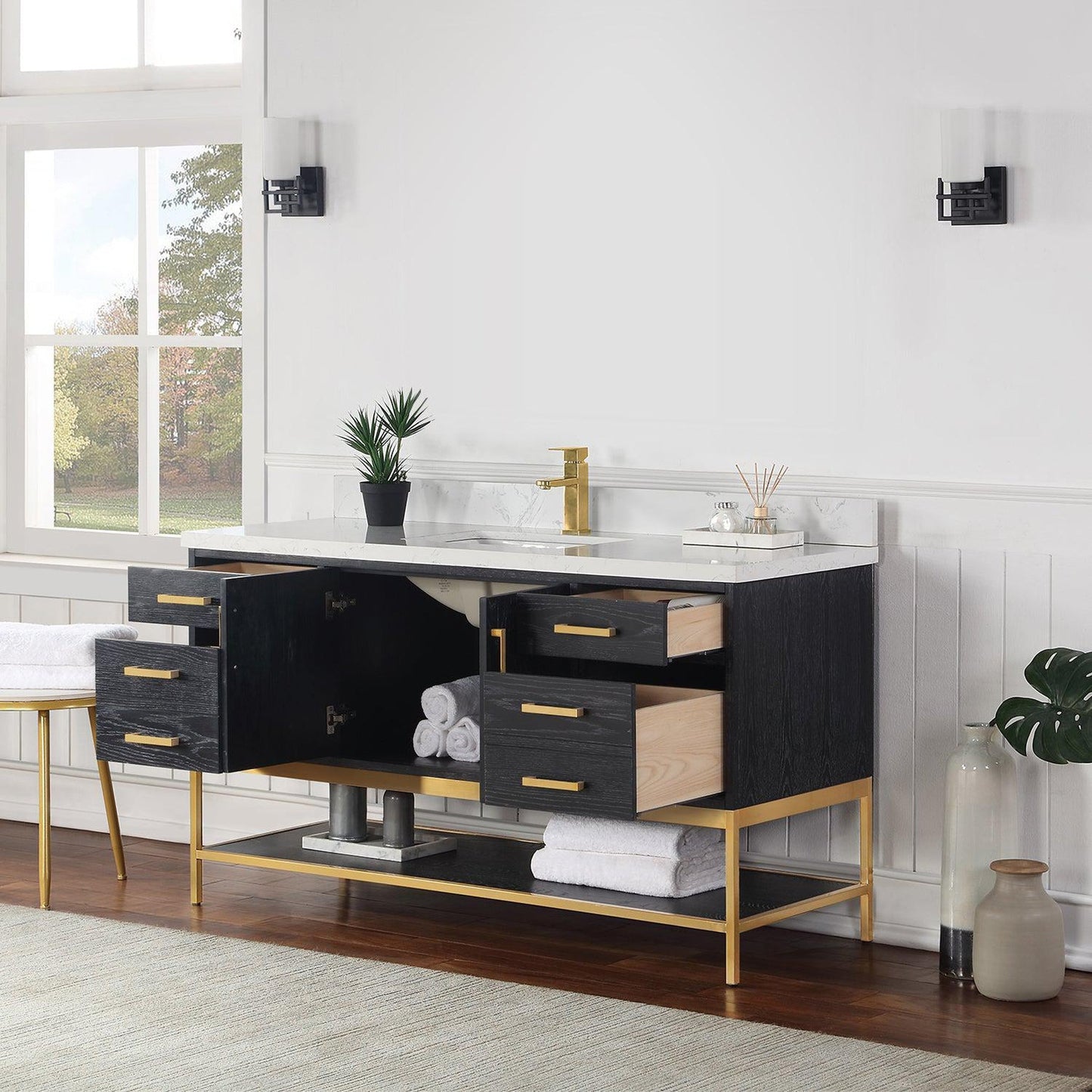 Altair Wildy 60" Black Oak Freestanding Single Bathroom Vanity Set With Stylish Composite Grain White Stone Top, Rectangular Undermount Ceramic Sink, Overflow, and Backsplash