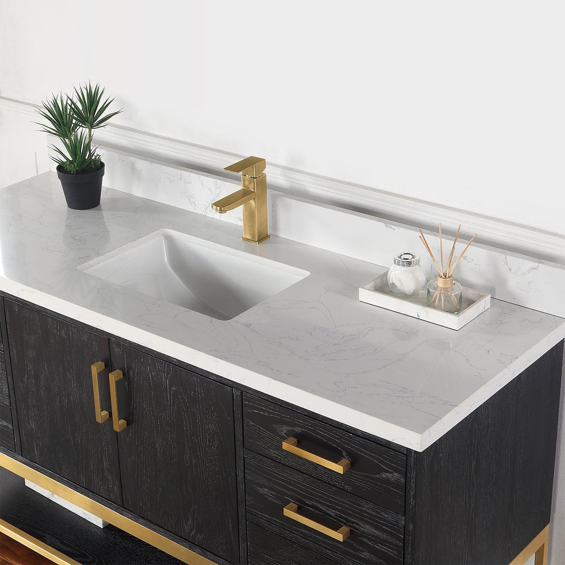 Altair Wildy 60" Black Oak Freestanding Single Bathroom Vanity Set With Stylish Composite Grain White Stone Top, Rectangular Undermount Ceramic Sink, Overflow, and Backsplash