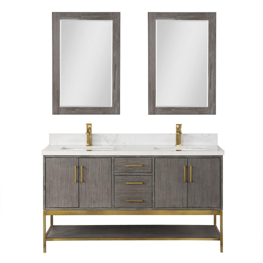 Altair Wildy 60" Classical Grey Freestanding Double Bathroom Vanity Set With Mirror, Stylish Composite Grain White Stone Top, Two Rectangular Undermount Ceramic Sinks, Overflow, and Backsplash