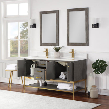 Altair Wildy 60" Classical Grey Freestanding Double Bathroom Vanity Set With Mirror, Stylish Composite Grain White Stone Top, Two Rectangular Undermount Ceramic Sinks, Overflow, and Backsplash