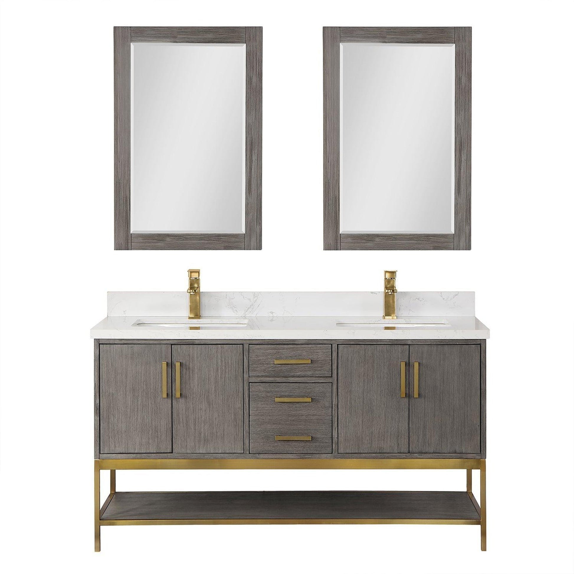 Altair Wildy 60" Classical Grey Freestanding Double Bathroom Vanity Set With Mirror, Stylish Composite Grain White Stone Top, Two Rectangular Undermount Ceramic Sinks, Overflow, and Backsplash