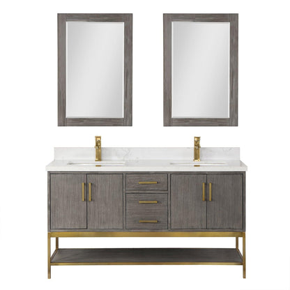 Altair Wildy 60" Classical Grey Freestanding Double Bathroom Vanity Set With Mirror, Stylish Composite Grain White Stone Top, Two Rectangular Undermount Ceramic Sinks, Overflow, and Backsplash