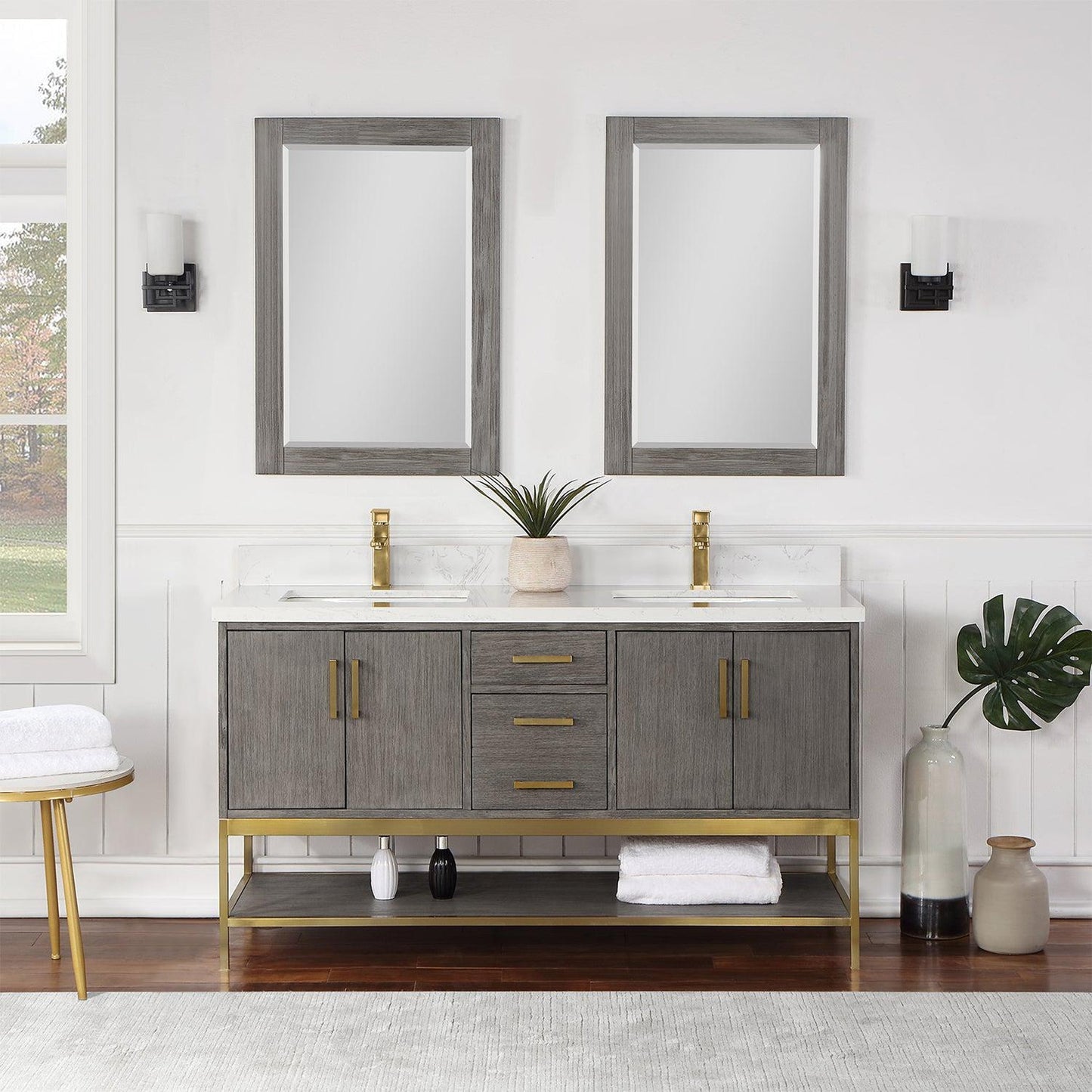 Altair Wildy 60" Classical Grey Freestanding Double Bathroom Vanity Set With Mirror, Stylish Composite Grain White Stone Top, Two Rectangular Undermount Ceramic Sinks, Overflow, and Backsplash