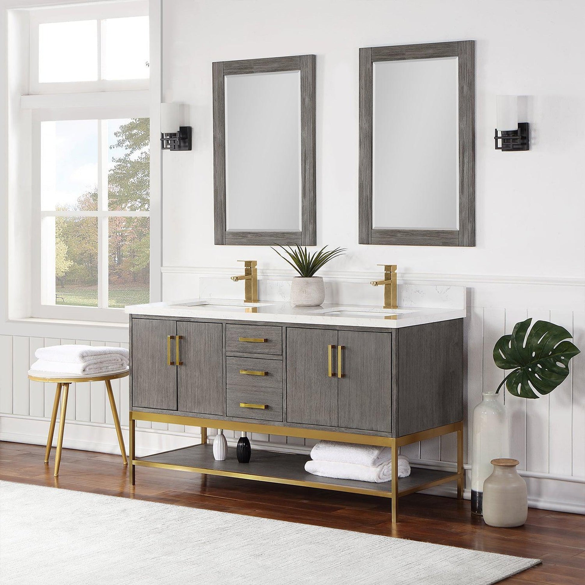 Altair Wildy 60" Classical Grey Freestanding Double Bathroom Vanity Set With Mirror, Stylish Composite Grain White Stone Top, Two Rectangular Undermount Ceramic Sinks, Overflow, and Backsplash