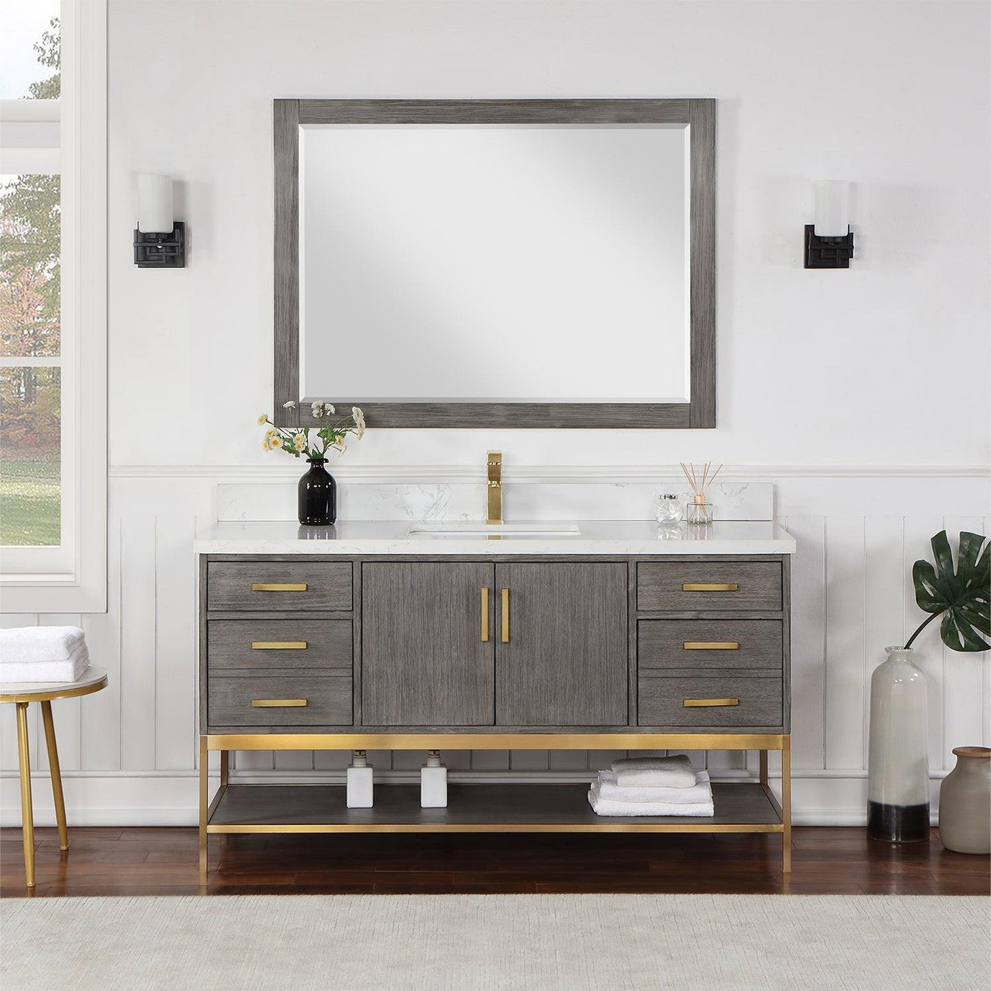 Altair Wildy 60" Classical Grey Freestanding Single Bathroom Vanity Set With Mirror, Stylish Composite Grain White Stone Top, Rectangular Undermount Ceramic Sink, Overflow, and Backsplash