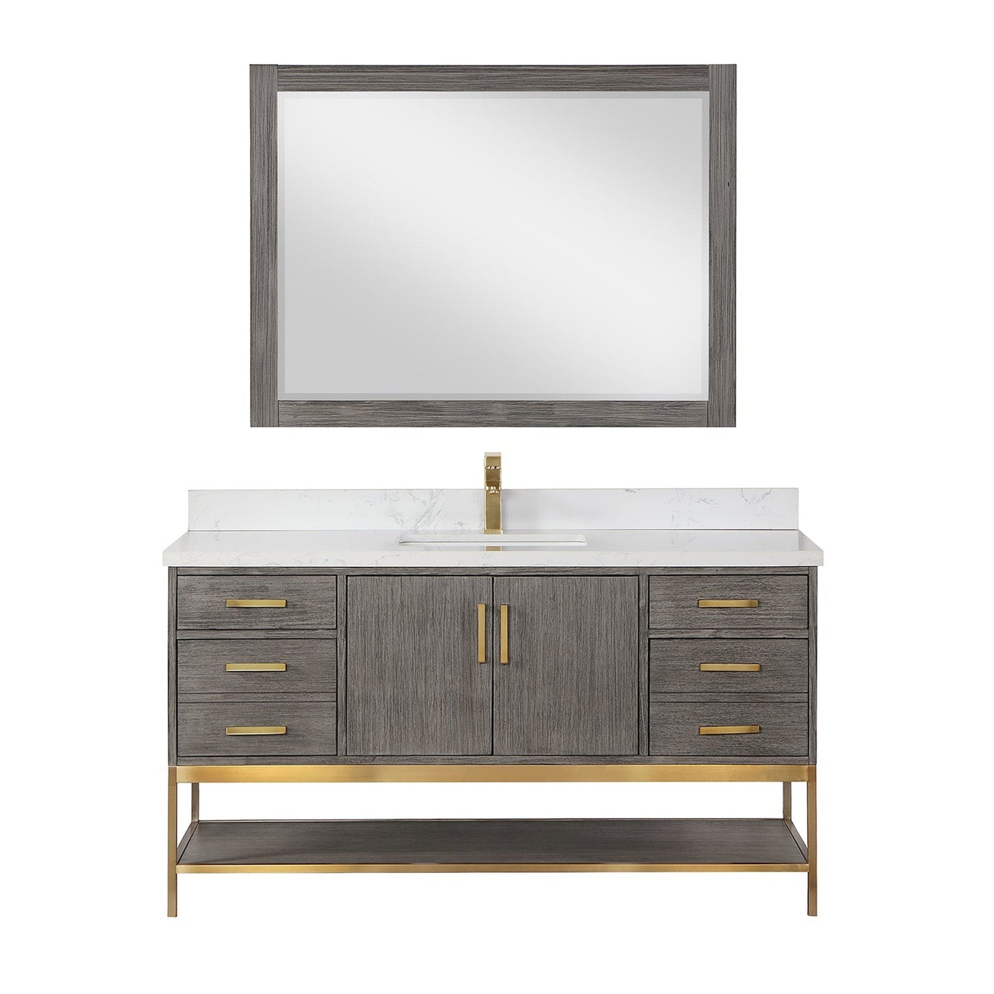 Altair Wildy 60" Classical Grey Freestanding Single Bathroom Vanity Set With Mirror, Stylish Composite Grain White Stone Top, Rectangular Undermount Ceramic Sink, Overflow, and Backsplash