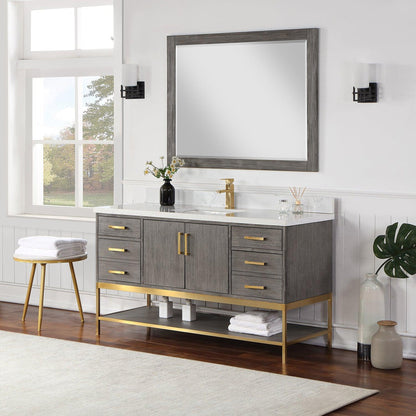 Altair Wildy 60" Classical Grey Freestanding Single Bathroom Vanity Set With Mirror, Stylish Composite Grain White Stone Top, Rectangular Undermount Ceramic Sink, Overflow, and Backsplash