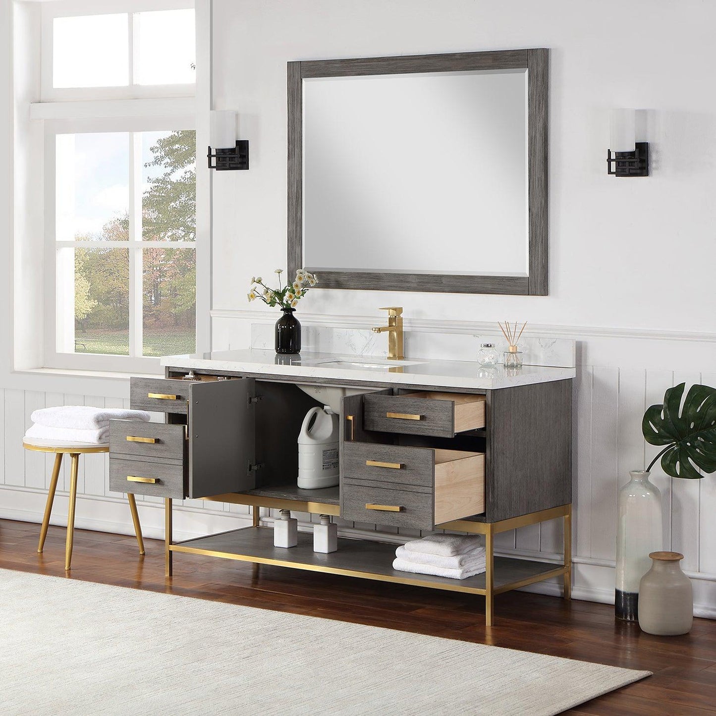 Altair Wildy 60" Classical Grey Freestanding Single Bathroom Vanity Set With Mirror, Stylish Composite Grain White Stone Top, Rectangular Undermount Ceramic Sink, Overflow, and Backsplash