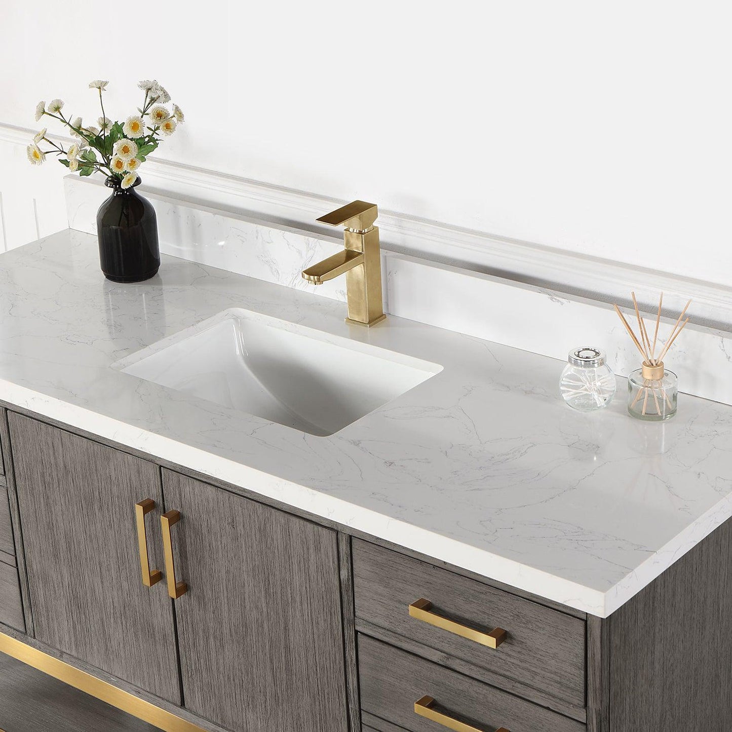 Altair Wildy 60" Classical Grey Freestanding Single Bathroom Vanity Set With Stylish Composite Grain White Stone Top, Rectangular Undermount Ceramic Sink, Overflow, and Backsplash