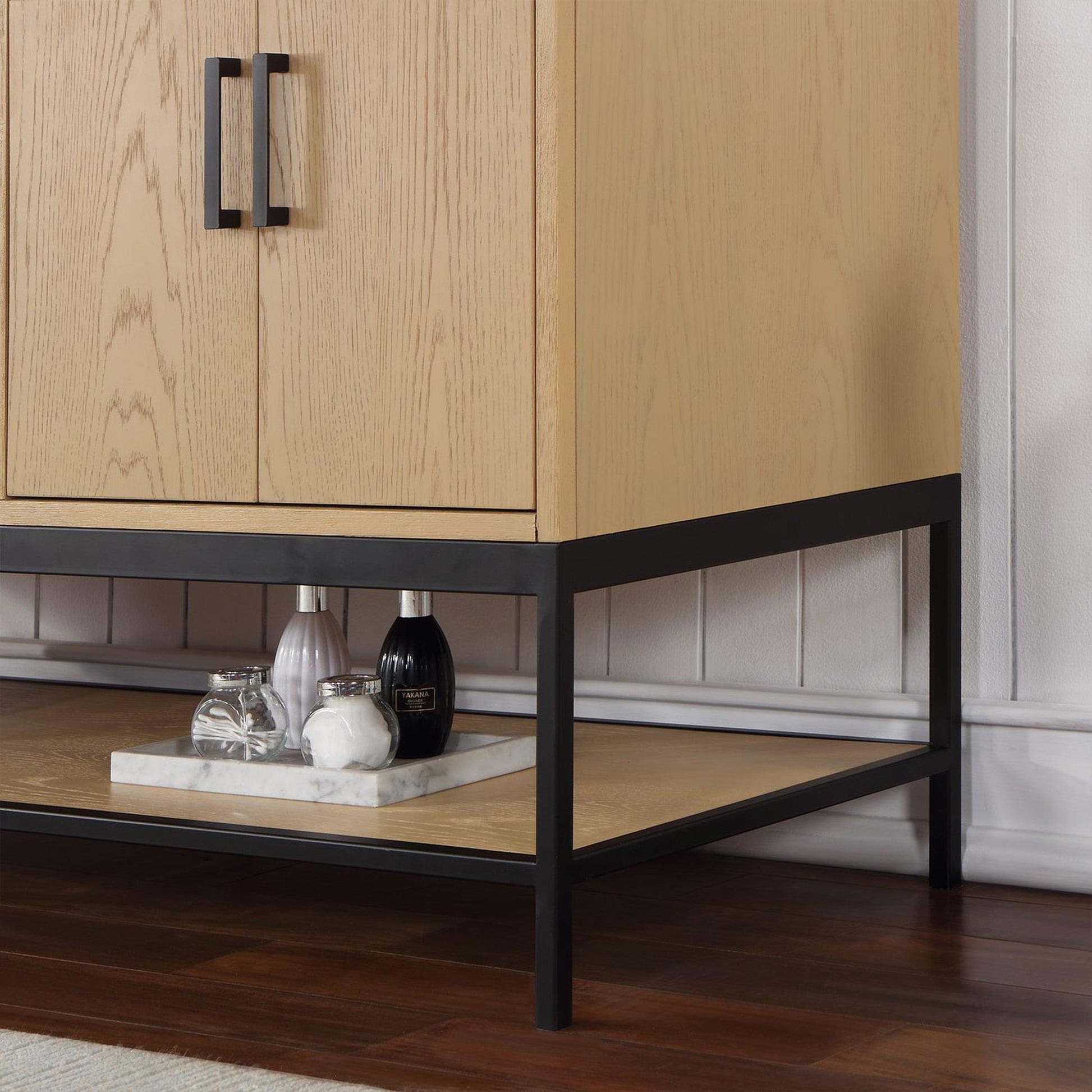 Altair Wildy 60" Washed Oak Freestanding Double Bathroom Vanity Set With Mirror, Stylish Composite Grain White Stone Top, Two Rectangular Undermount Ceramic Sinks, Overflow, and Backsplash