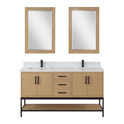 Altair Wildy 60" Washed Oak Freestanding Double Bathroom Vanity Set With Mirror, Stylish Composite Grain White Stone Top, Two Rectangular Undermount Ceramic Sinks, Overflow, and Backsplash