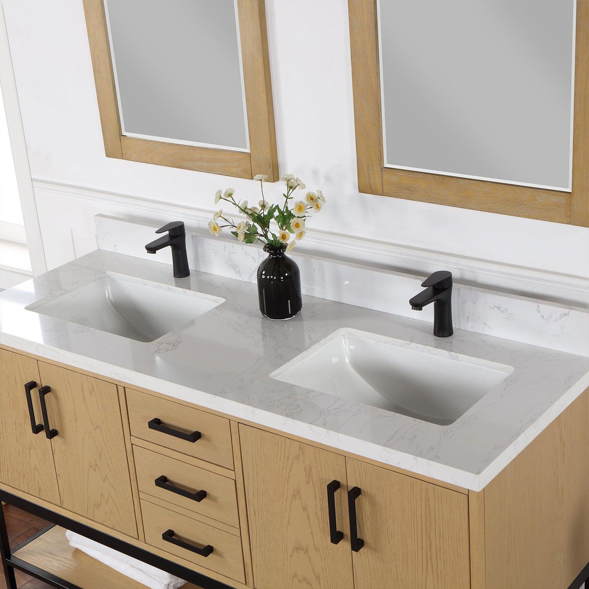 Altair Wildy 60" Washed Oak Freestanding Double Bathroom Vanity Set With Mirror, Stylish Composite Grain White Stone Top, Two Rectangular Undermount Ceramic Sinks, Overflow, and Backsplash