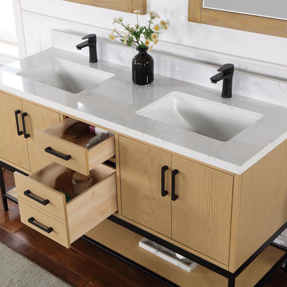 Altair Wildy 60" Washed Oak Freestanding Double Bathroom Vanity Set With Mirror, Stylish Composite Grain White Stone Top, Two Rectangular Undermount Ceramic Sinks, Overflow, and Backsplash