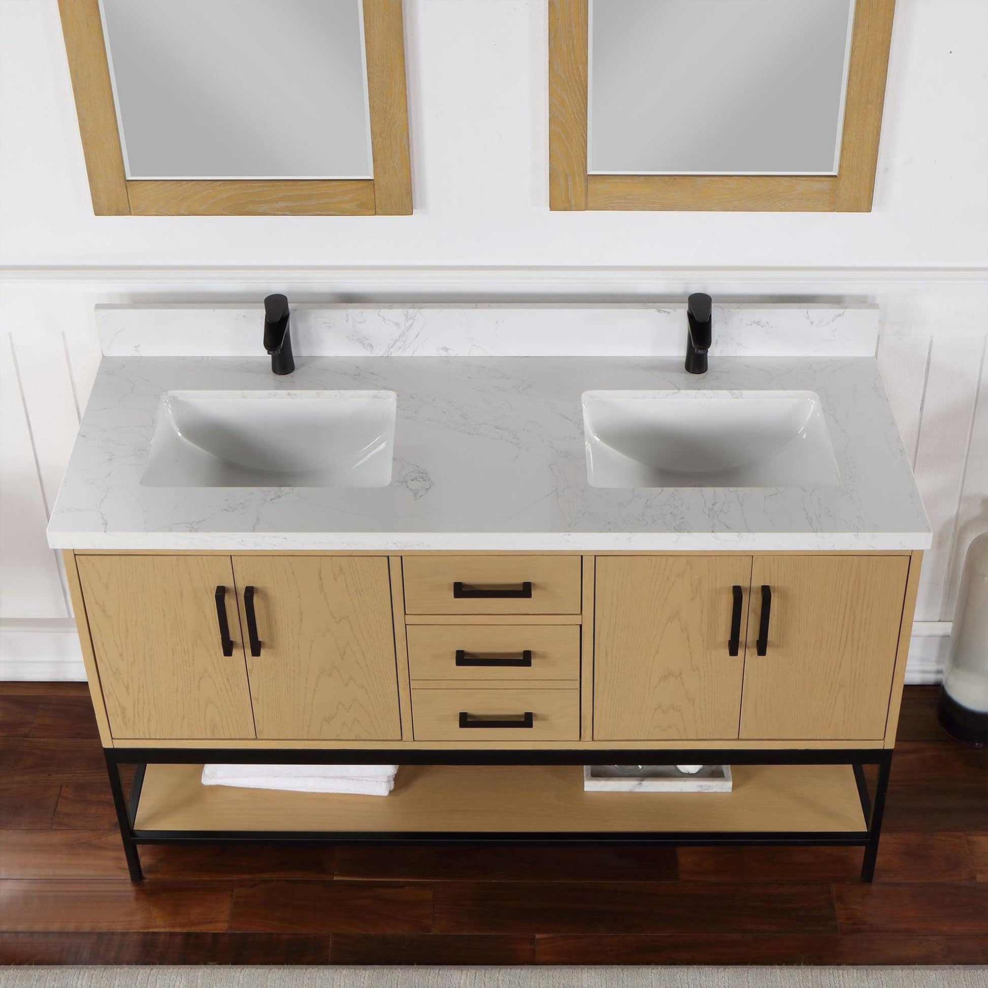 Altair Wildy 60" Washed Oak Freestanding Double Bathroom Vanity Set With Mirror, Stylish Composite Grain White Stone Top, Two Rectangular Undermount Ceramic Sinks, Overflow, and Backsplash