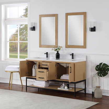 Altair Wildy 60" Washed Oak Freestanding Double Bathroom Vanity Set With Mirror, Stylish Composite Grain White Stone Top, Two Rectangular Undermount Ceramic Sinks, Overflow, and Backsplash