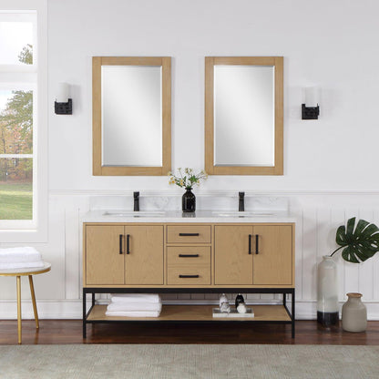 Altair Wildy 60" Washed Oak Freestanding Double Bathroom Vanity Set With Mirror, Stylish Composite Grain White Stone Top, Two Rectangular Undermount Ceramic Sinks, Overflow, and Backsplash