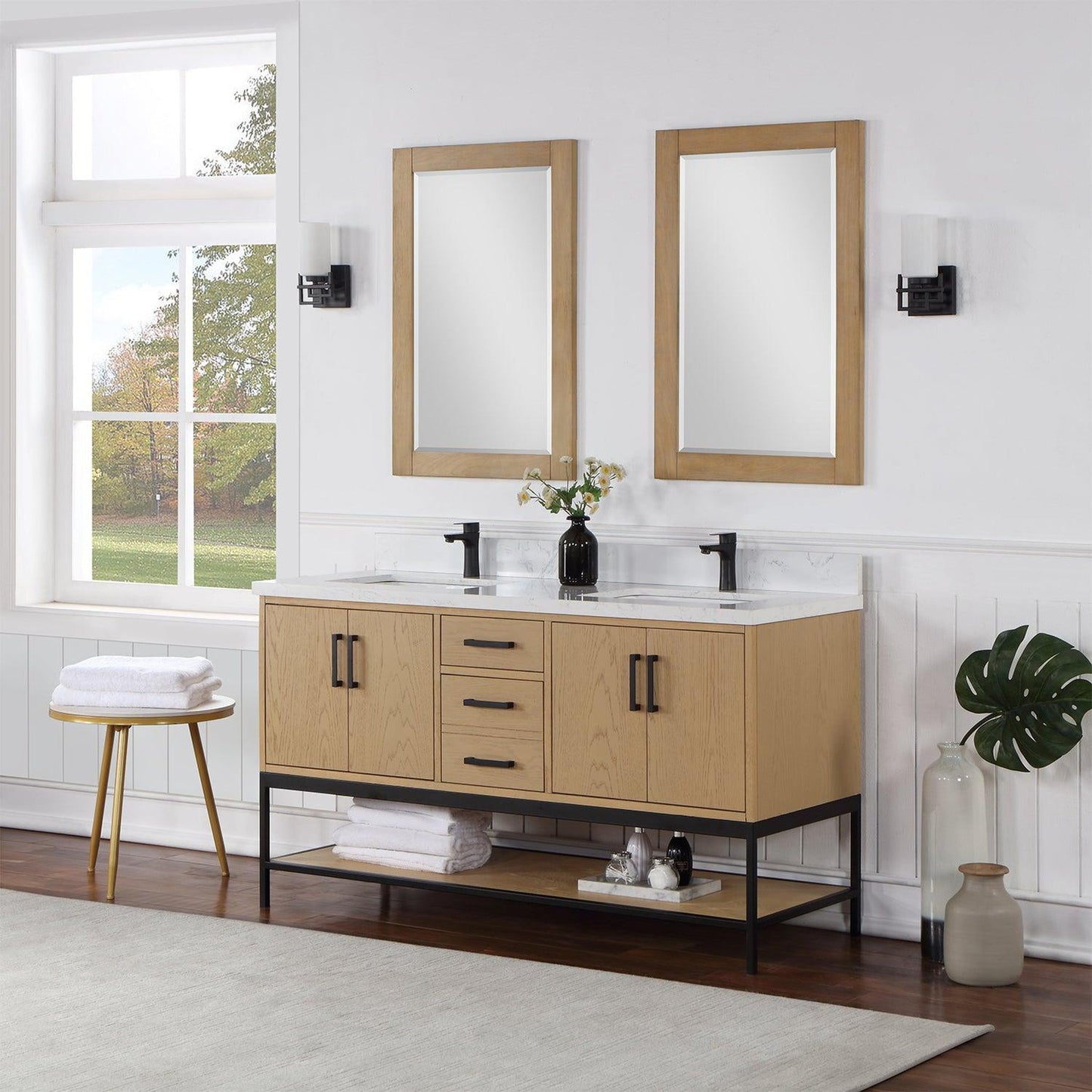 Altair Wildy 60" Washed Oak Freestanding Double Bathroom Vanity Set With Mirror, Stylish Composite Grain White Stone Top, Two Rectangular Undermount Ceramic Sinks, Overflow, and Backsplash