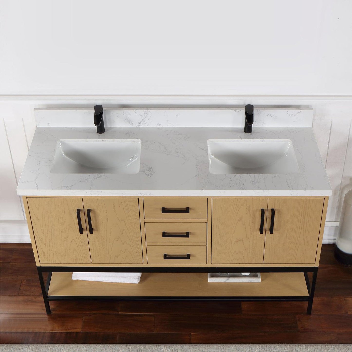 Altair Wildy 60" Washed Oak Freestanding Double Bathroom Vanity Set With Stylish Composite Grain White Stone Top, Two Rectangular Undermount Ceramic Sinks, Overflow, and Backsplash