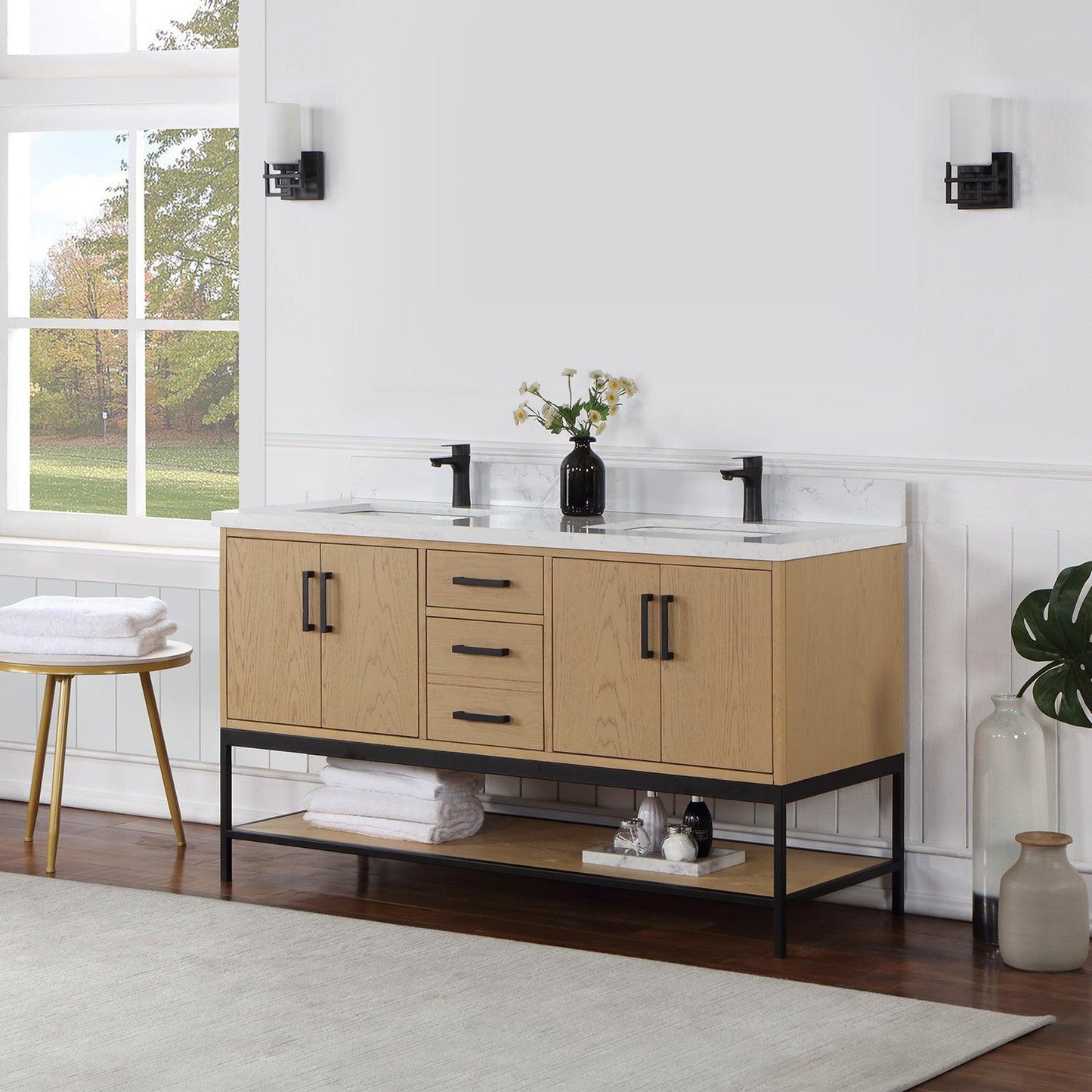 Altair Wildy 60" Washed Oak Freestanding Double Bathroom Vanity Set With Stylish Composite Grain White Stone Top, Two Rectangular Undermount Ceramic Sinks, Overflow, and Backsplash