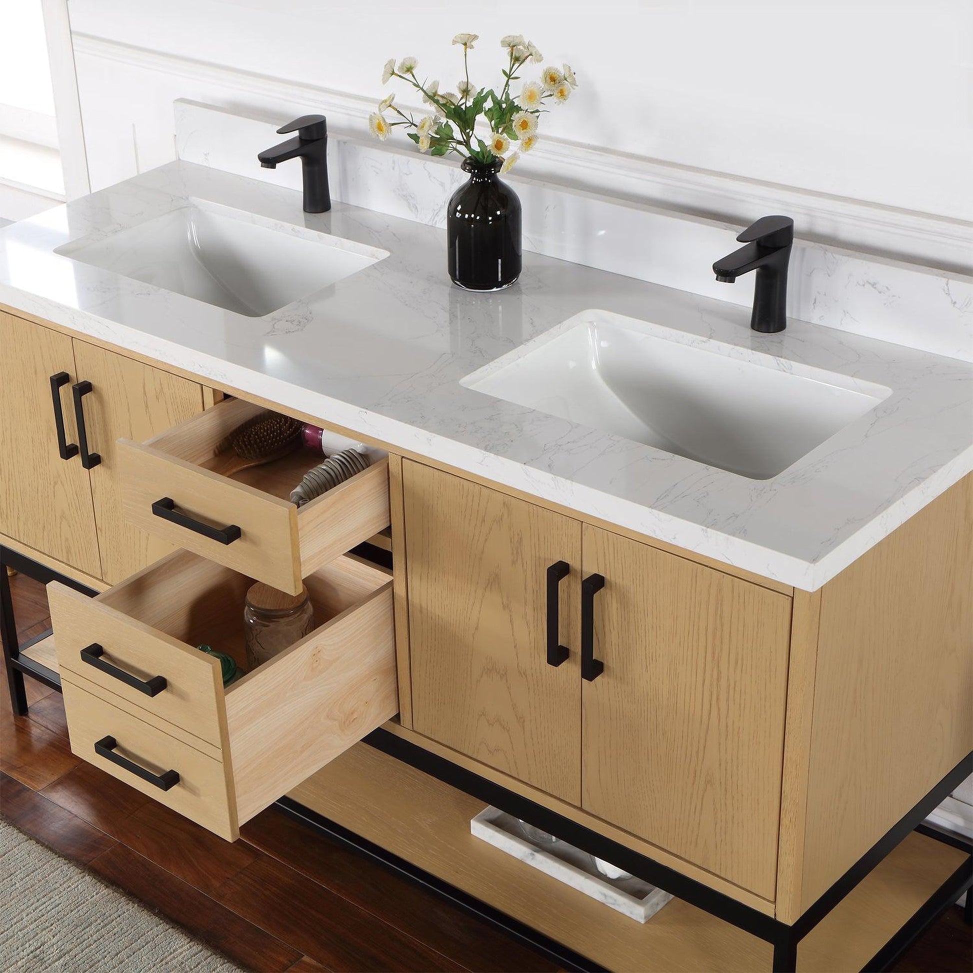 Altair Wildy 60" Washed Oak Freestanding Double Bathroom Vanity Set With Stylish Composite Grain White Stone Top, Two Rectangular Undermount Ceramic Sinks, Overflow, and Backsplash