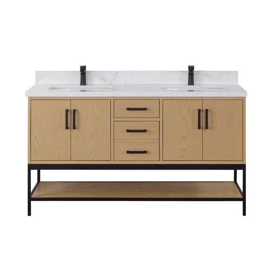 Altair Wildy 60" Washed Oak Freestanding Double Bathroom Vanity Set With Stylish Composite Grain White Stone Top, Two Rectangular Undermount Ceramic Sinks, Overflow, and Backsplash