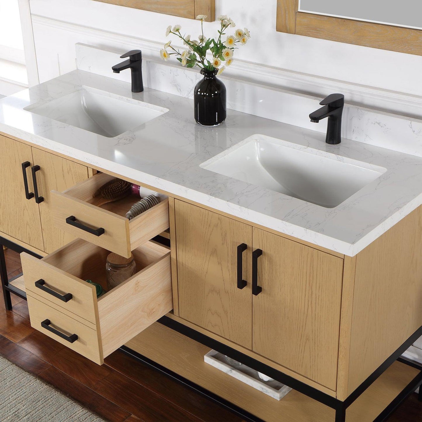 Altair Wildy 60" Washed Oak Freestanding Single Bathroom Vanity Set With Mirror, Stylish Composite Grain White Stone Top, Rectangular Undermount Ceramic Sink, Overflow, and Backsplash