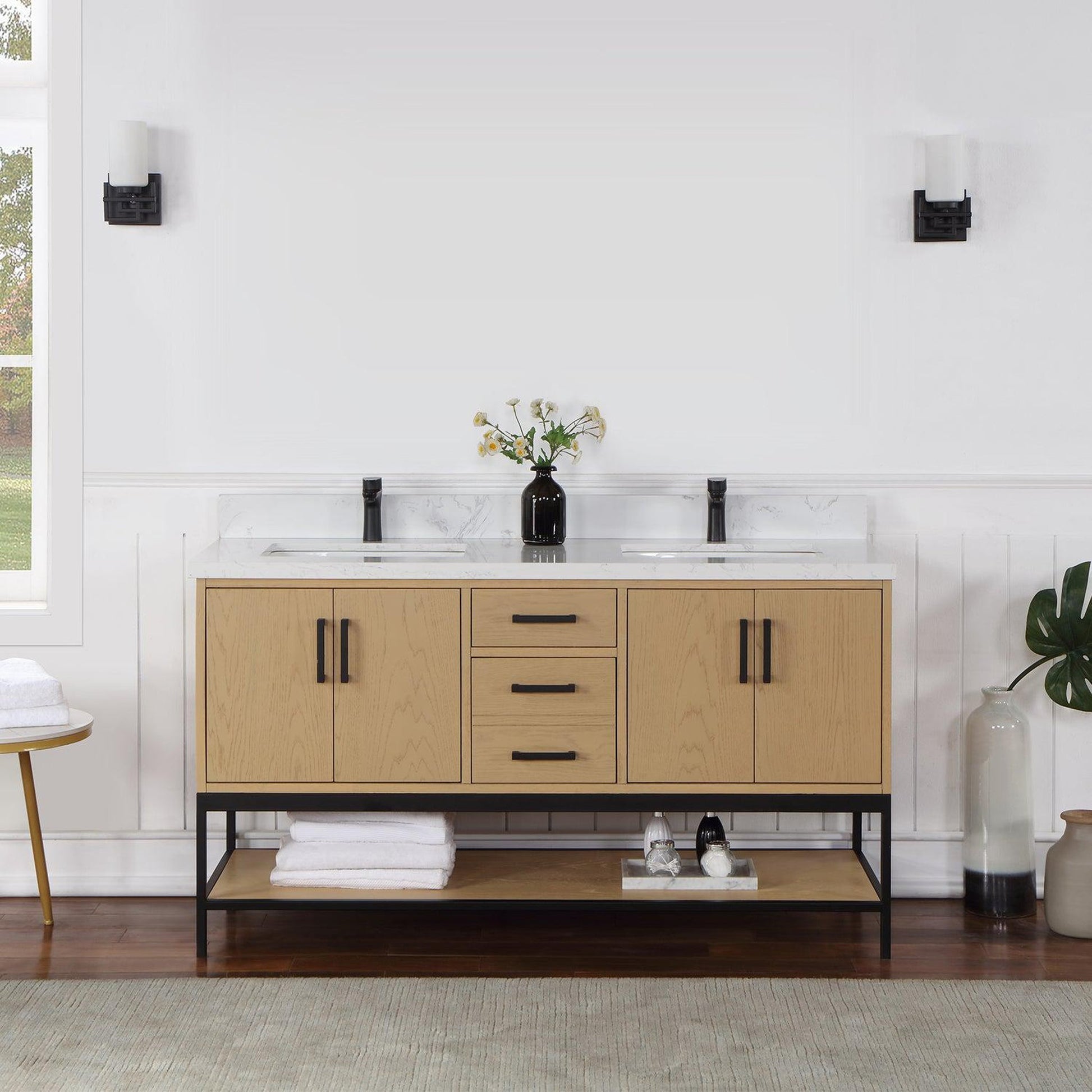 Altair Wildy 60" Washed Oak Freestanding Single Bathroom Vanity Set With Stylish Composite Grain White Stone Top, Rectangular Undermount Ceramic Sink, Overflow, and Backsplash