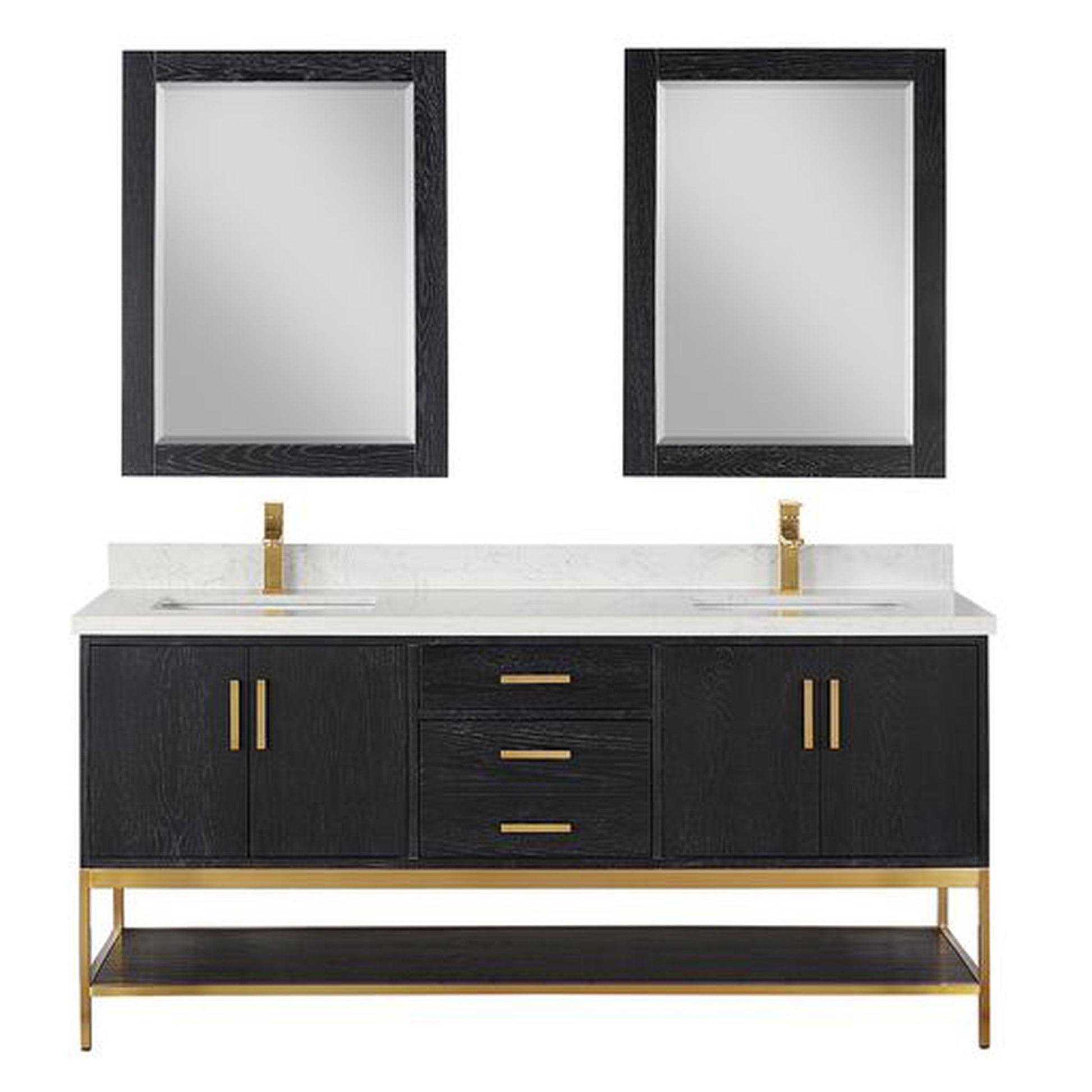 Altair Wildy 72" Black Oak Freestanding Double Bathroom Vanity Set With Mirror, Stylish Composite Grain White Stone Top, Two Rectangular Undermount Ceramic Sinks, Overflow, and Backsplash