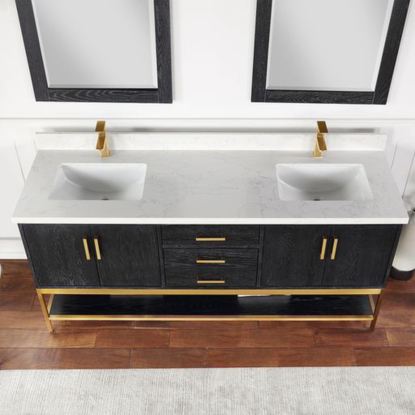 Altair Wildy 72" Black Oak Freestanding Double Bathroom Vanity Set With Mirror, Stylish Composite Grain White Stone Top, Two Rectangular Undermount Ceramic Sinks, Overflow, and Backsplash