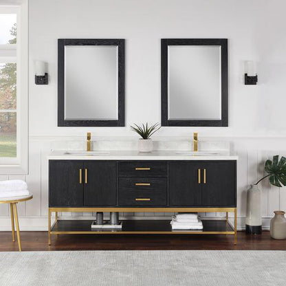 Altair Wildy 72" Black Oak Freestanding Double Bathroom Vanity Set With Mirror, Stylish Composite Grain White Stone Top, Two Rectangular Undermount Ceramic Sinks, Overflow, and Backsplash