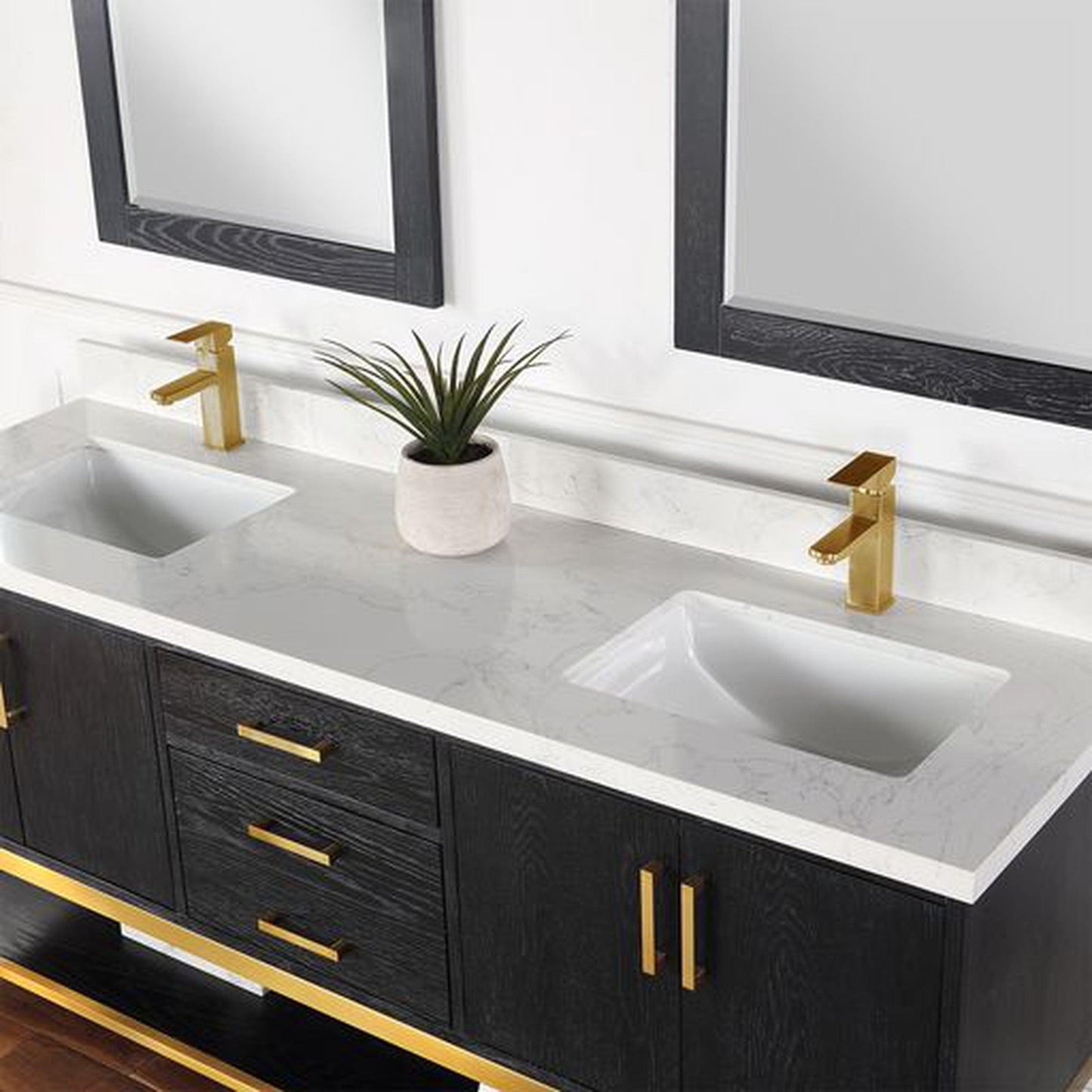 Altair Wildy 72" Black Oak Freestanding Double Bathroom Vanity Set With Mirror, Stylish Composite Grain White Stone Top, Two Rectangular Undermount Ceramic Sinks, Overflow, and Backsplash