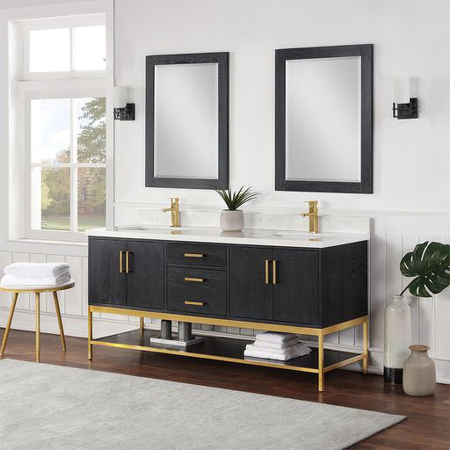 Altair Wildy 72" Black Oak Freestanding Double Bathroom Vanity Set With Mirror, Stylish Composite Grain White Stone Top, Two Rectangular Undermount Ceramic Sinks, Overflow, and Backsplash