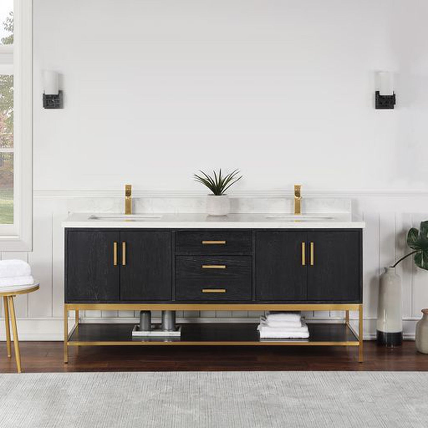 Altair Wildy 72" Black Oak Freestanding Double Bathroom Vanity Set With Stylish Composite Grain White Stone Top, Two Rectangular Undermount Ceramic Sinks, Overflow, and Backsplash