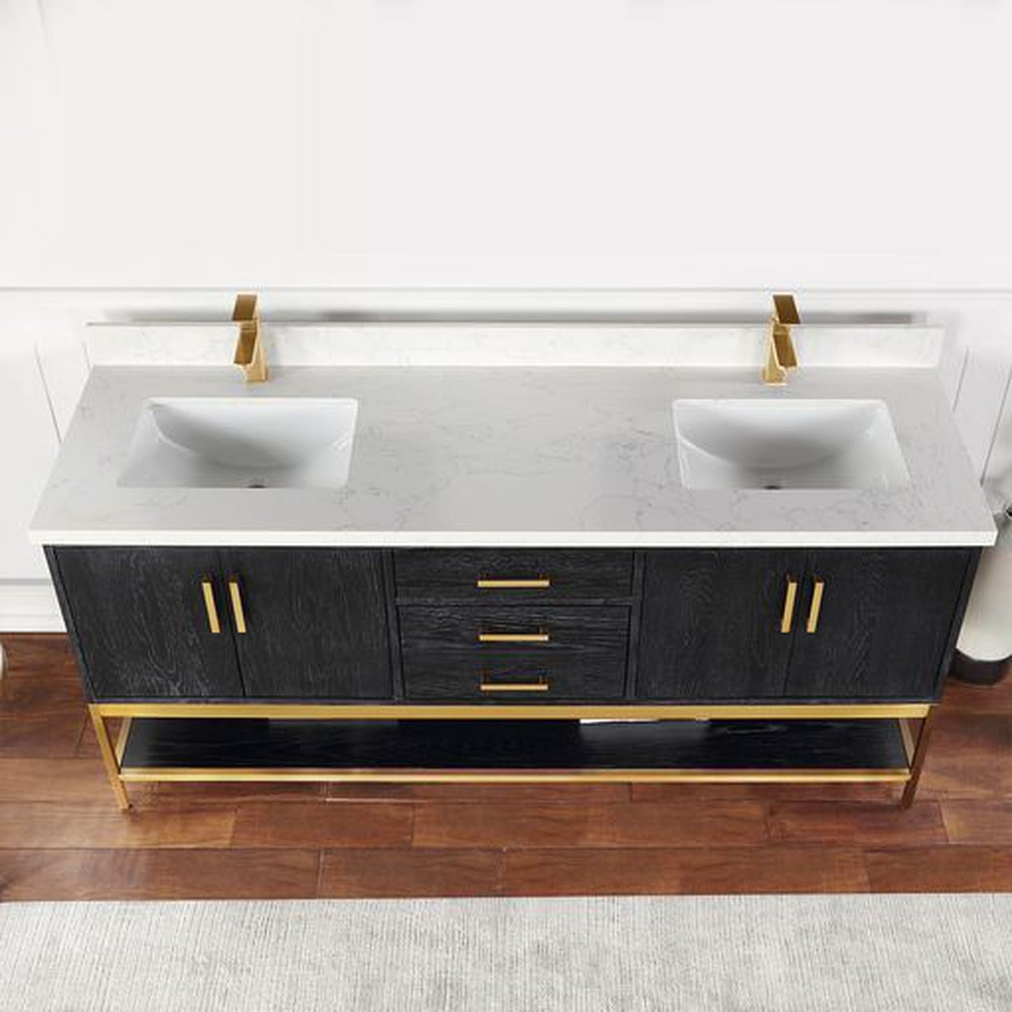 Altair Wildy 72" Black Oak Freestanding Double Bathroom Vanity Set With Stylish Composite Grain White Stone Top, Two Rectangular Undermount Ceramic Sinks, Overflow, and Backsplash