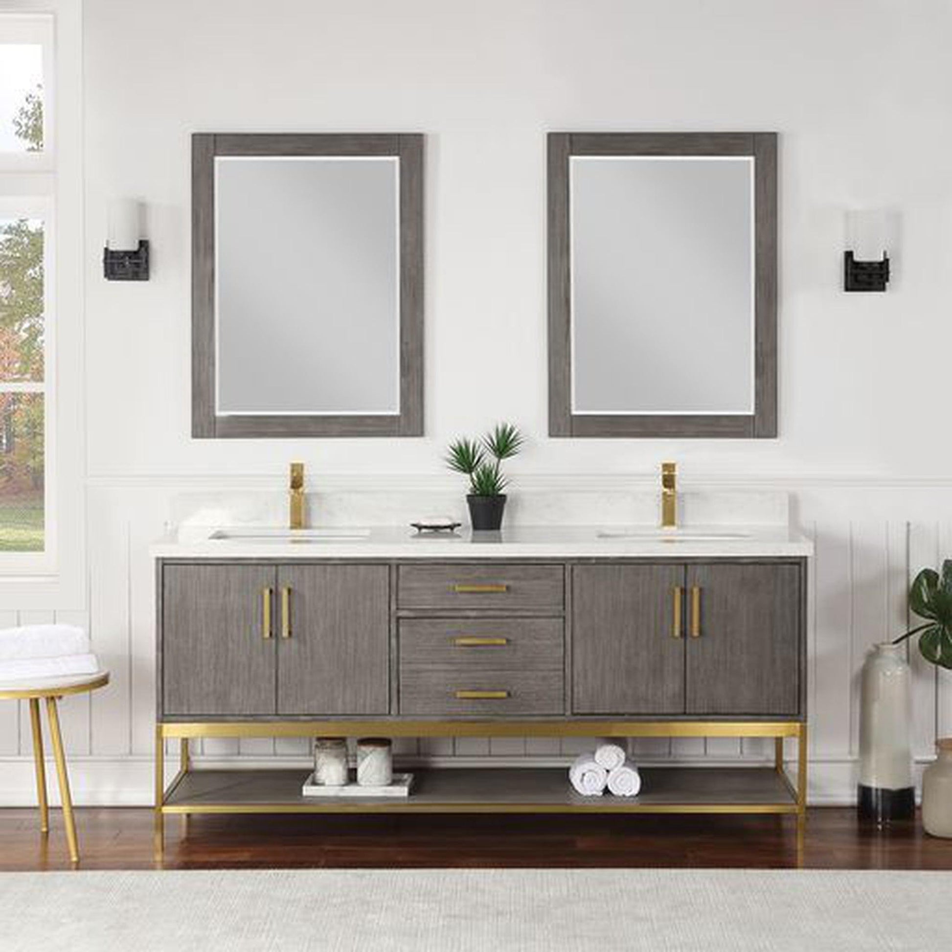 Altair Wildy 72" Classical Grey Freestanding Double Bathroom Vanity Set With Mirror, Stylish Composite Grain White Stone Top, Two Rectangular Undermount Ceramic Sinks, Overflow, and Backsplash