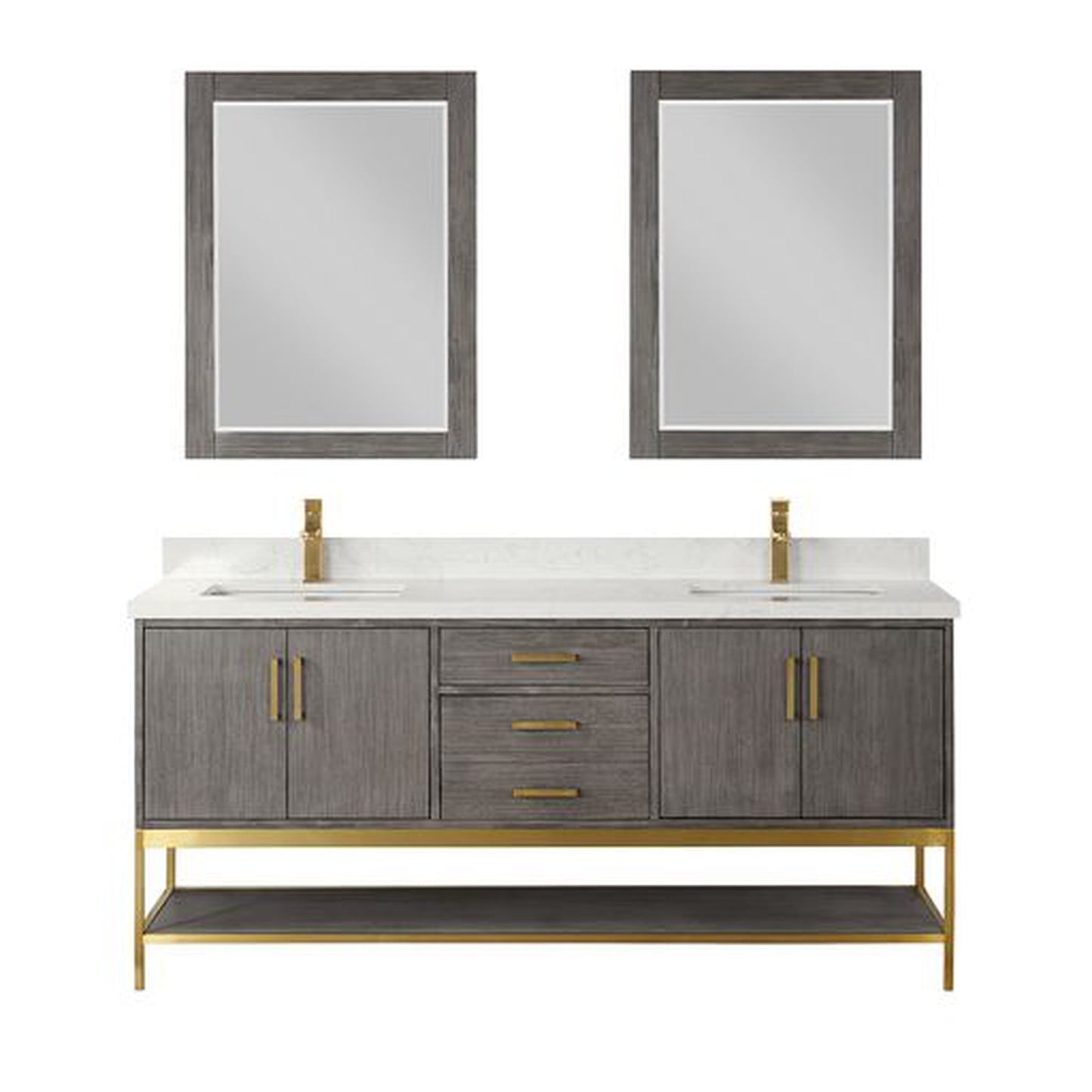 Altair Wildy 72" Classical Grey Freestanding Double Bathroom Vanity Set With Mirror, Stylish Composite Grain White Stone Top, Two Rectangular Undermount Ceramic Sinks, Overflow, and Backsplash