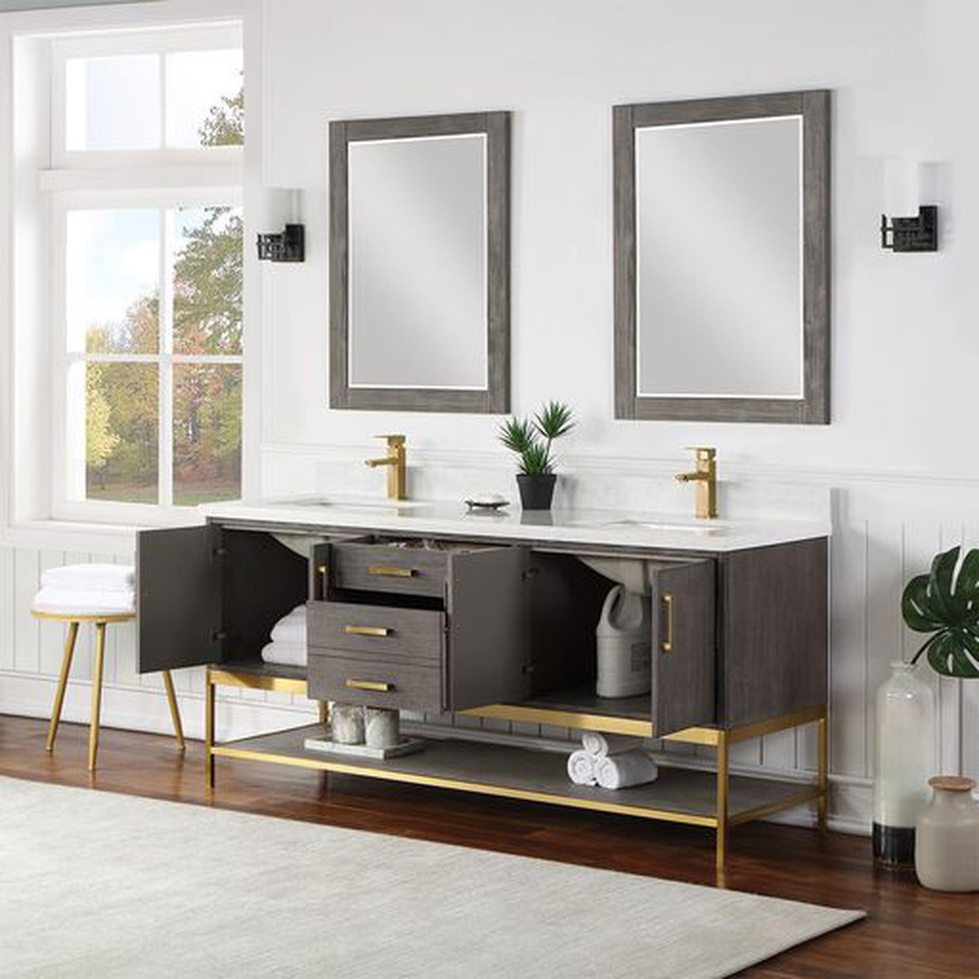 Altair Wildy 72" Classical Grey Freestanding Double Bathroom Vanity Set With Mirror, Stylish Composite Grain White Stone Top, Two Rectangular Undermount Ceramic Sinks, Overflow, and Backsplash