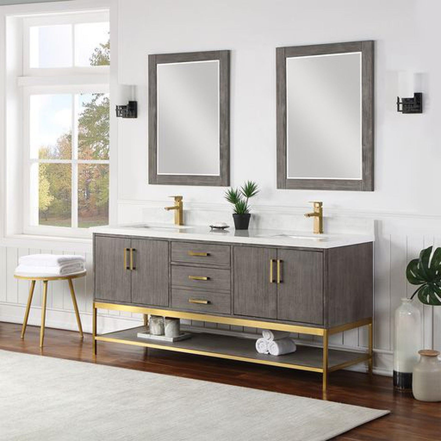 Altair Wildy 72" Classical Grey Freestanding Double Bathroom Vanity Set With Mirror, Stylish Composite Grain White Stone Top, Two Rectangular Undermount Ceramic Sinks, Overflow, and Backsplash