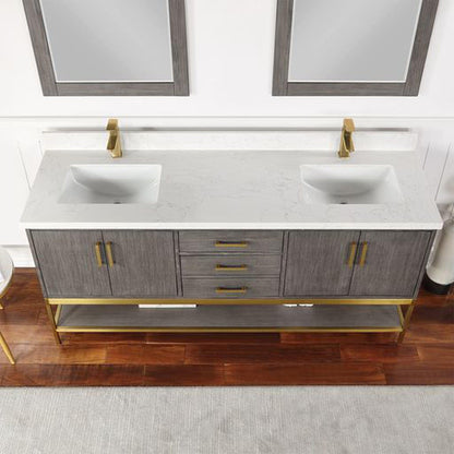 Altair Wildy 72" Classical Grey Freestanding Double Bathroom Vanity Set With Mirror, Stylish Composite Grain White Stone Top, Two Rectangular Undermount Ceramic Sinks, Overflow, and Backsplash