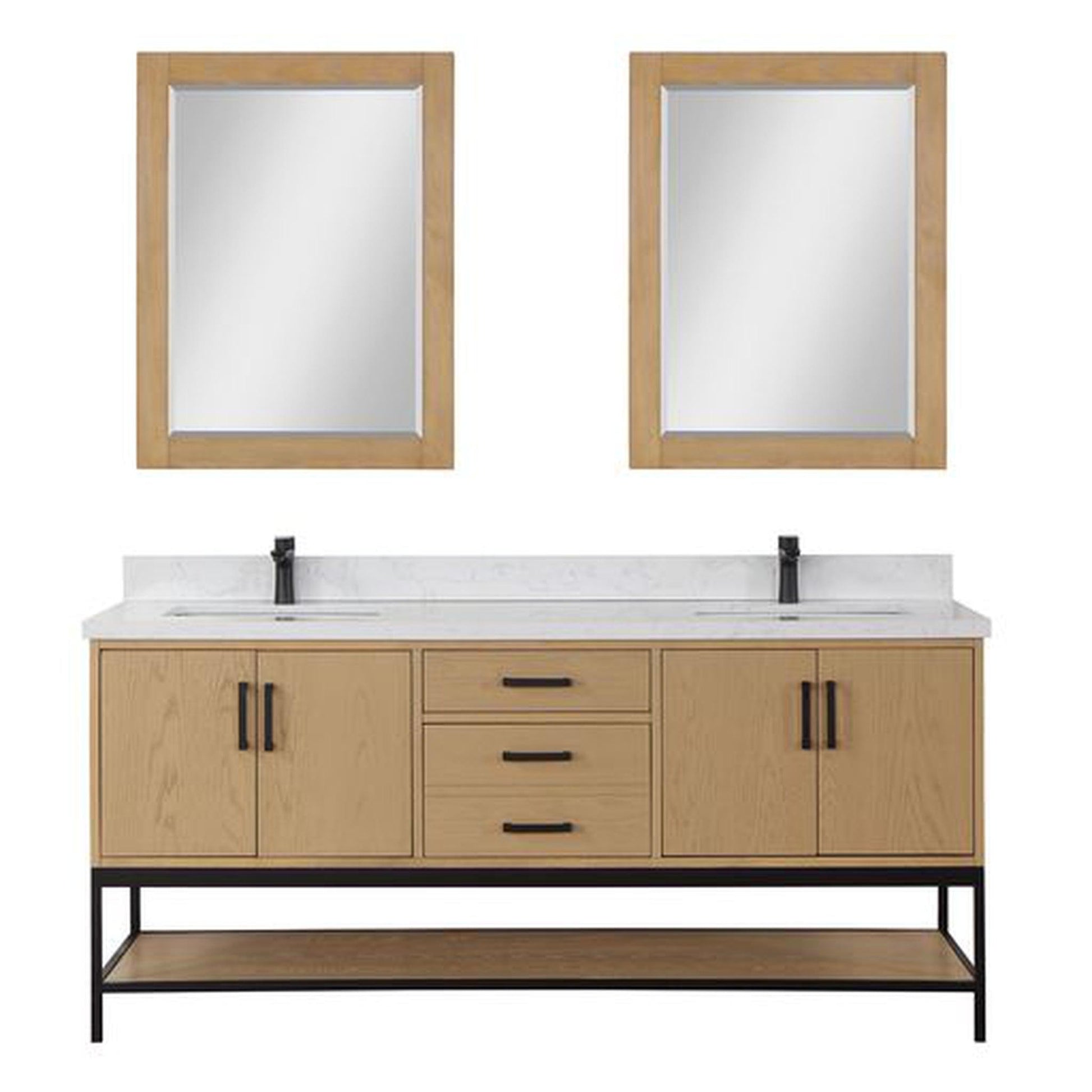 Altair Wildy 72" Washed Oak Freestanding Double Bathroom Vanity Set With Mirror, Stylish Composite Grain White Stone Top, Two Rectangular Undermount Ceramic Sinks, Overflow, and Backsplash