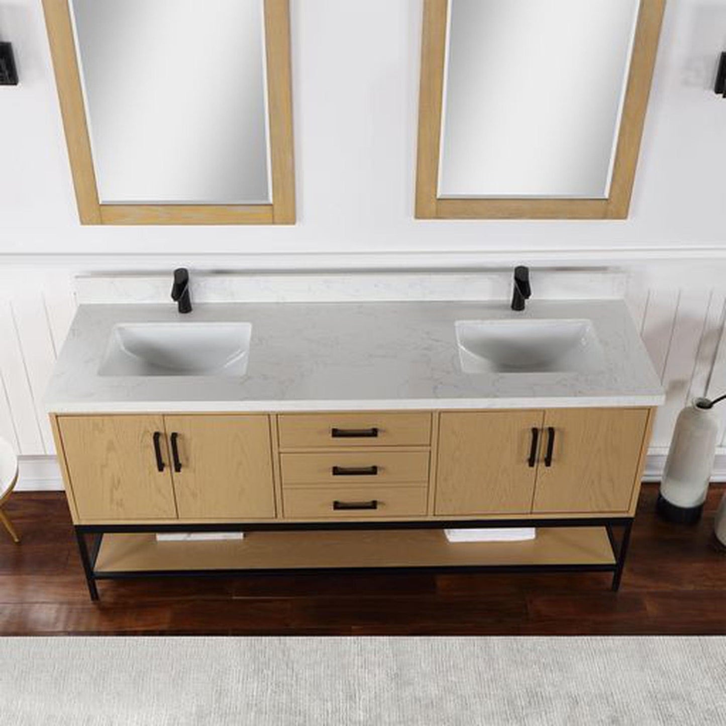 Altair Wildy 72" Washed Oak Freestanding Double Bathroom Vanity Set With Mirror, Stylish Composite Grain White Stone Top, Two Rectangular Undermount Ceramic Sinks, Overflow, and Backsplash