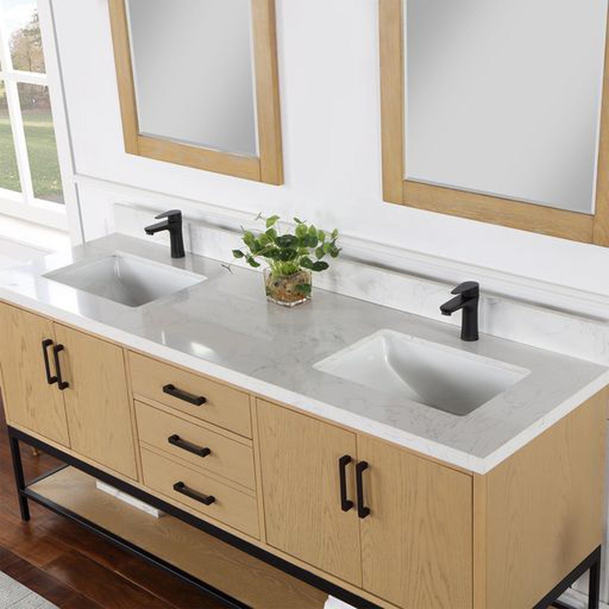 Altair Wildy 72" Washed Oak Freestanding Double Bathroom Vanity Set With Mirror, Stylish Composite Grain White Stone Top, Two Rectangular Undermount Ceramic Sinks, Overflow, and Backsplash