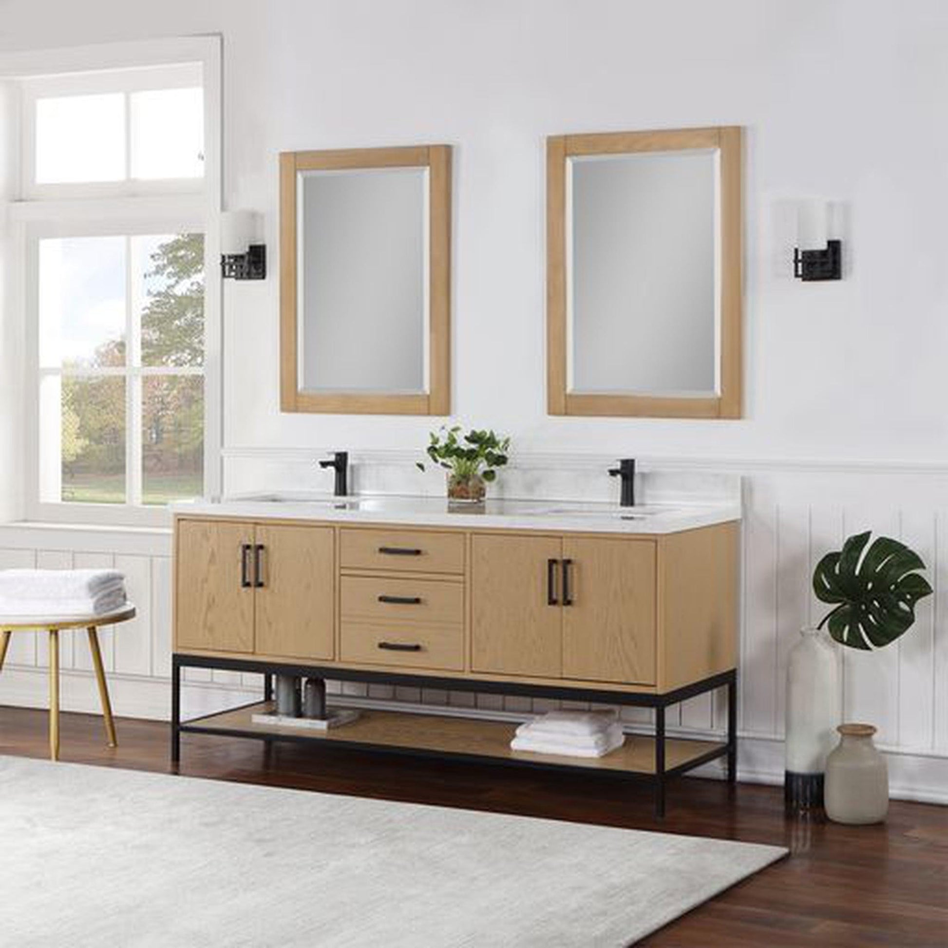 Altair Wildy 72" Washed Oak Freestanding Double Bathroom Vanity Set With Mirror, Stylish Composite Grain White Stone Top, Two Rectangular Undermount Ceramic Sinks, Overflow, and Backsplash